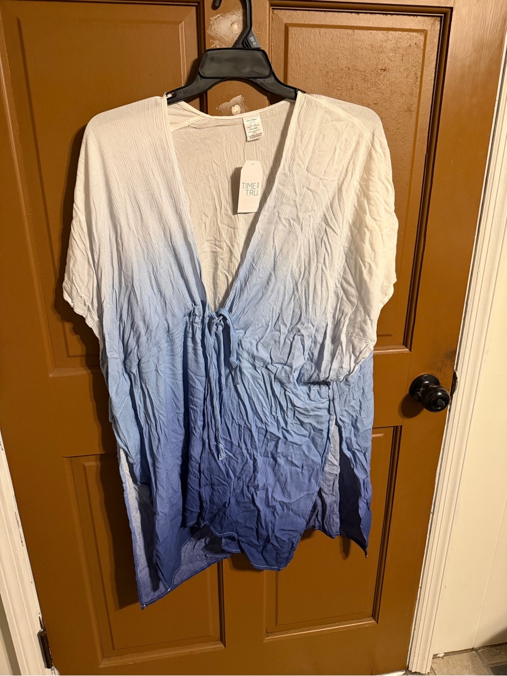 Time and Tru White to Blue Ombre V-Neck Drawstring Top